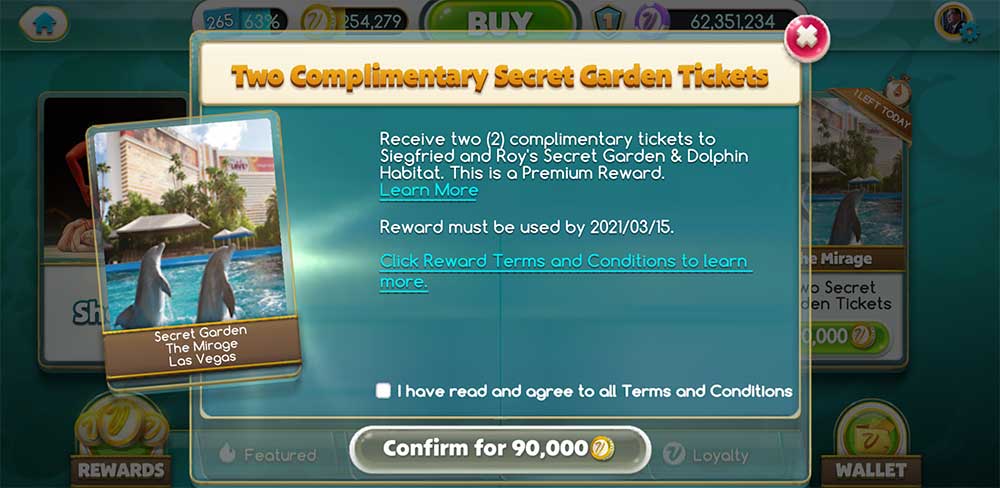 Screenshot of MyVEGAS App and Secret Garden ticket redemption.