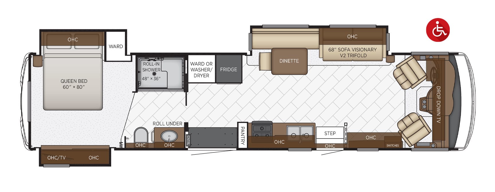 2021 Newmar Bay Star wheelchair accessible floorplan.