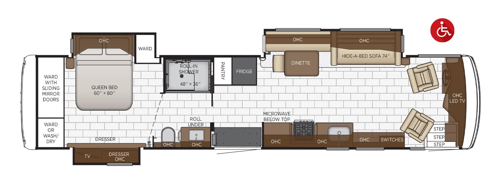 2021 Newmar Kountry Star wheelchair accessible floorplan.