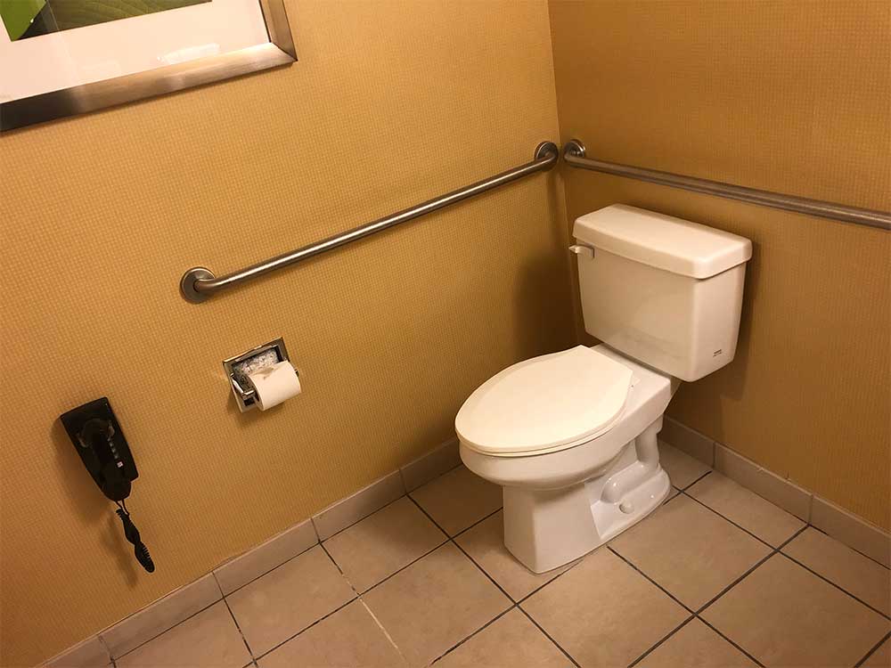 Toilet with grab bars.