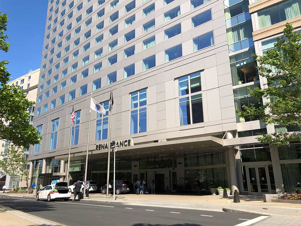 Front facade of Renaissance Boston hotel exterior.