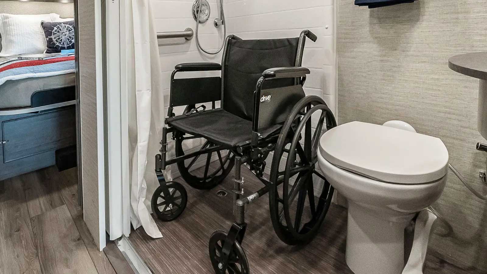 Wheelchair in roll-in shower.