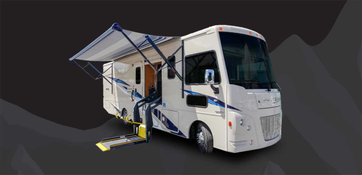 Winnebago Intent RV with wheelchair lift extended.