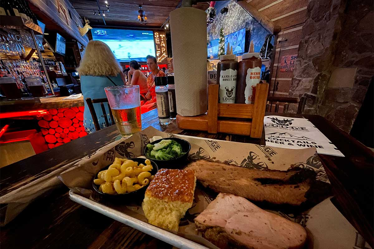 BBQ brisket and turkey with macaroni & cheese, broccoli and cornbread.