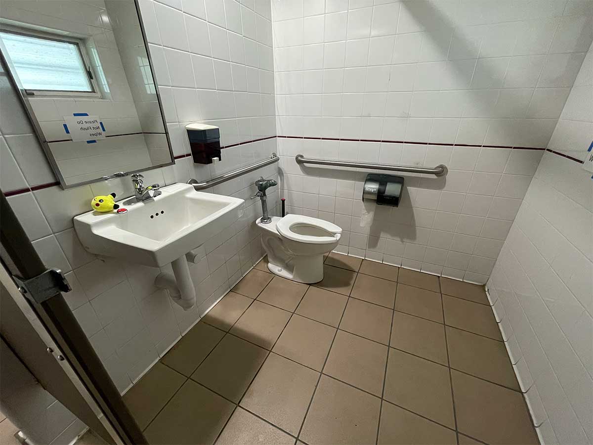 Wheelchair accessible bathroom with grab bars.