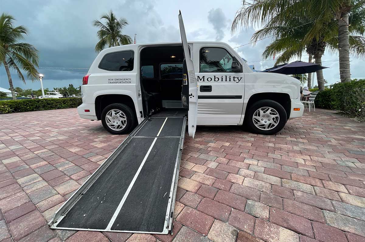 Wheelchair ramp extended from MV-1 accessible vehicle.