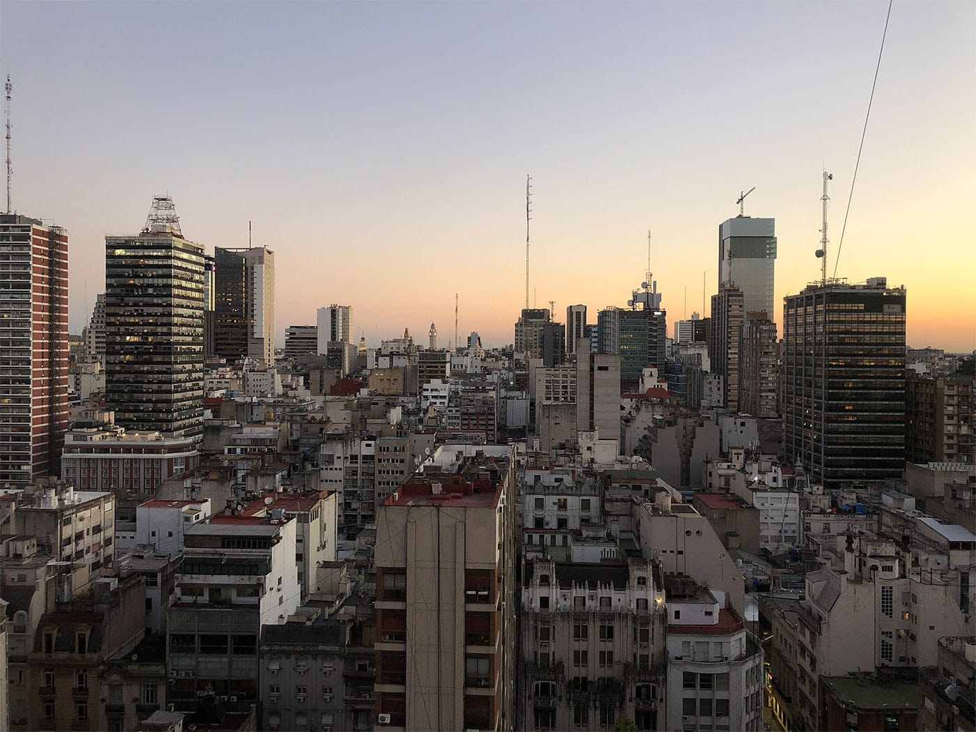 Buenos Aires skyline at dusk.