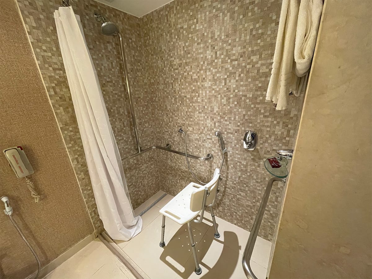 Roll-in shower with portable chair, grab bars and handheld shower head.