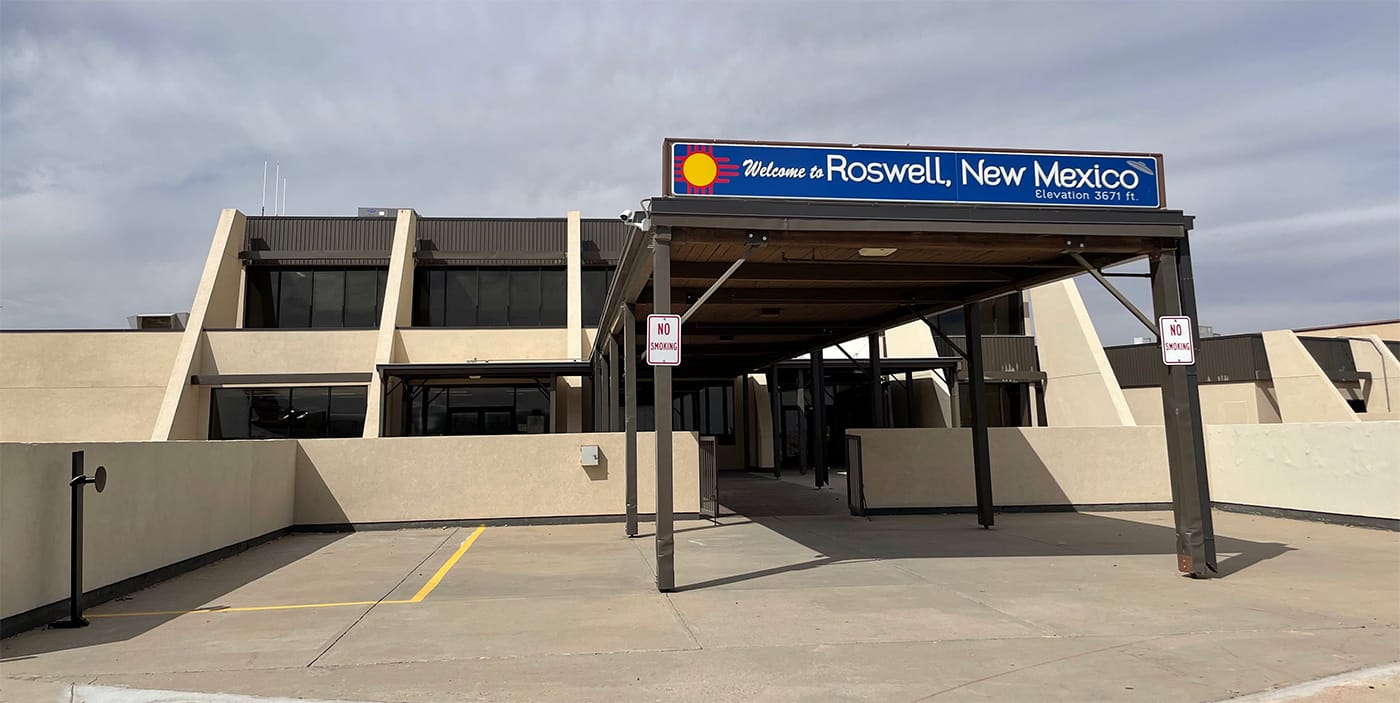 Exterior of the Roswell Airport terminal building.