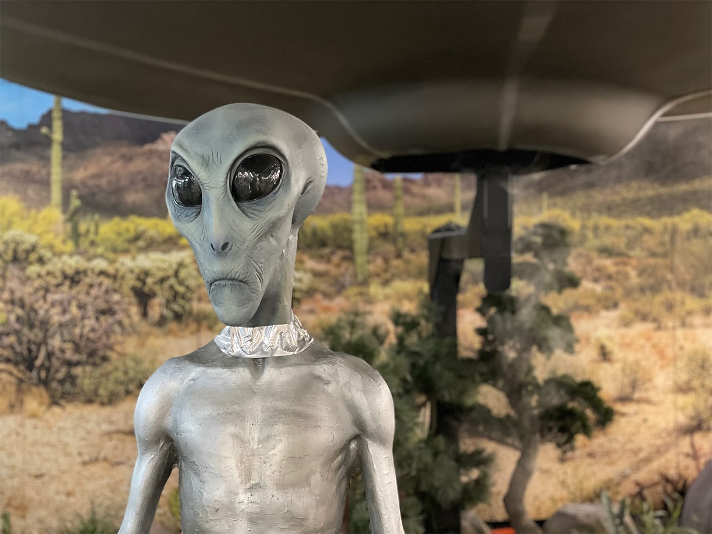 Close-up of an alien figure standing in front of a UFO in the New Mexico wilderness.