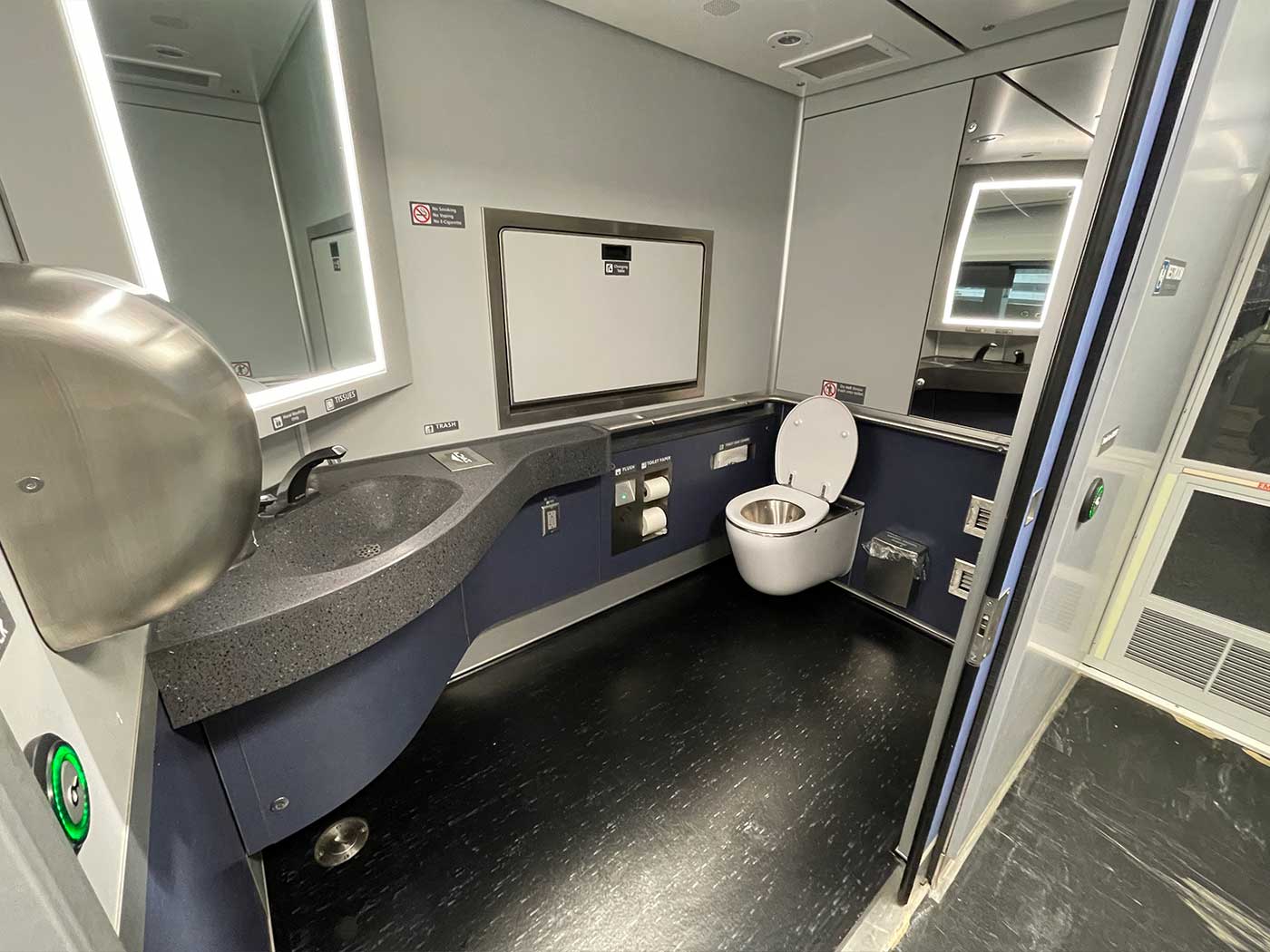 Large bathroom onboard Amtrak train.