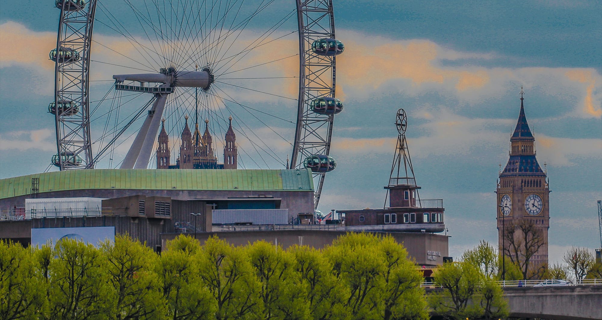 London Eye Ferris wheel with Big Ben in the background.