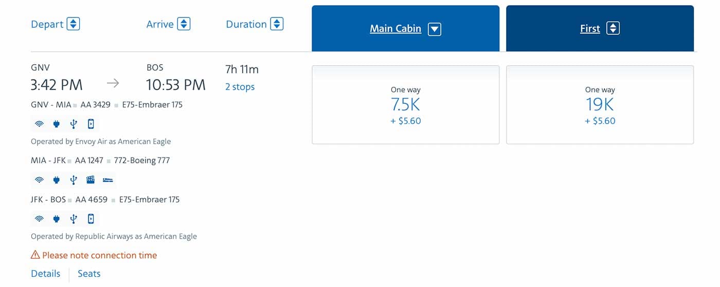 Screenshot of award ticket itinerary and price showing 7,500 miles price.