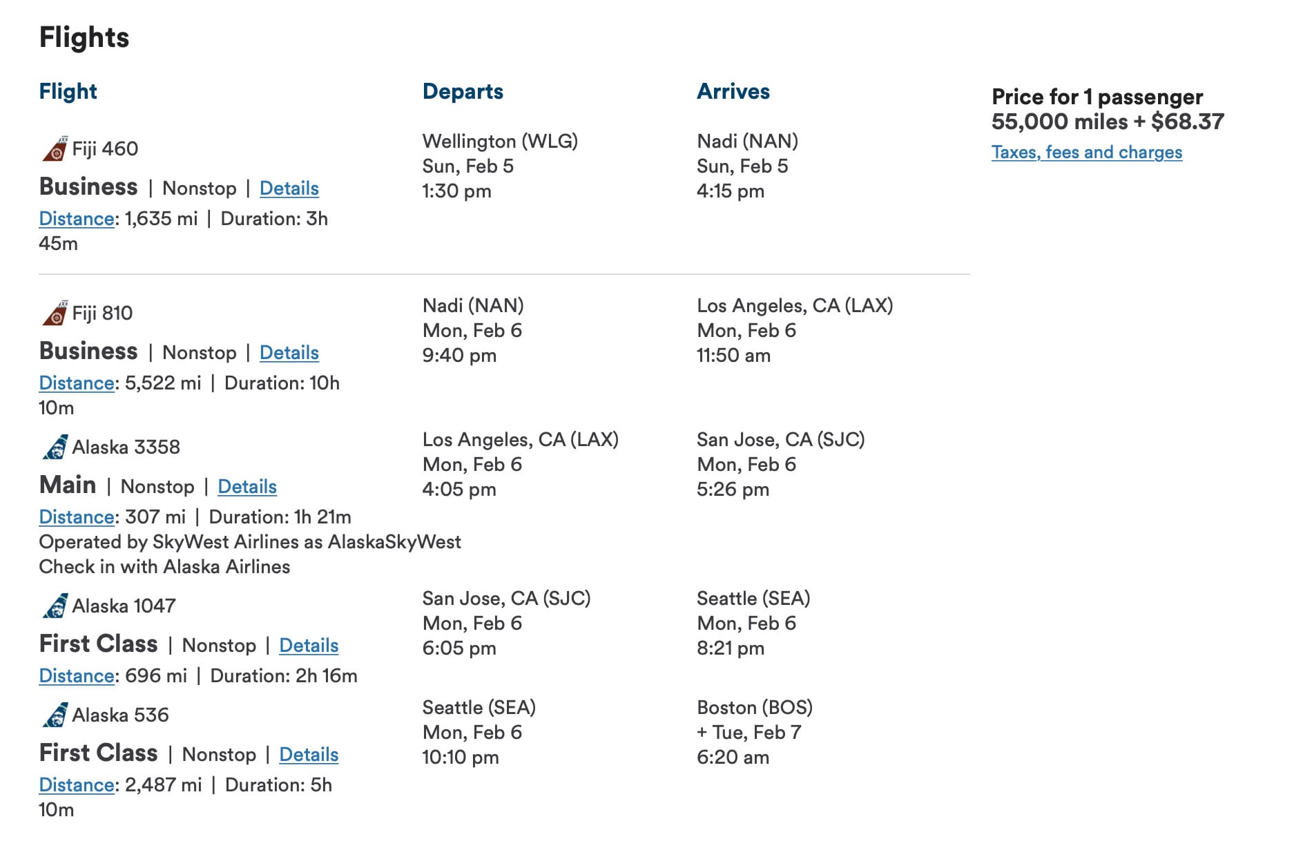 Screenshot of Alaska Airlines flight itinerary from Wellington to Nadi to Boston.