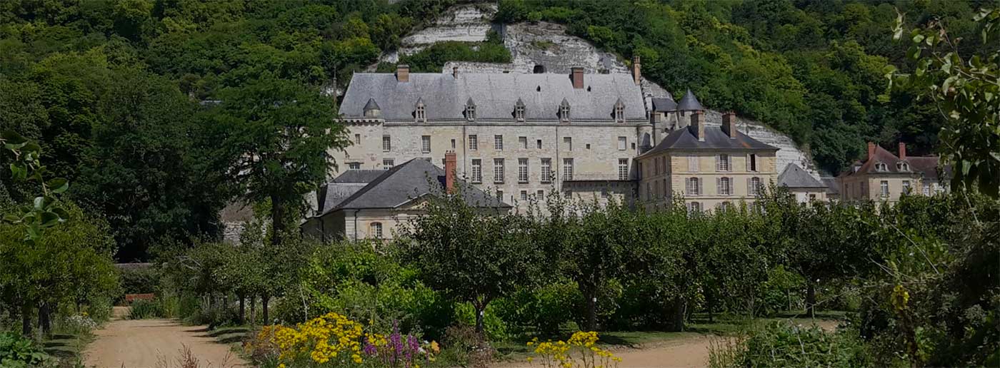 Multi-story chateau set against a hillside and surrounded by trees.