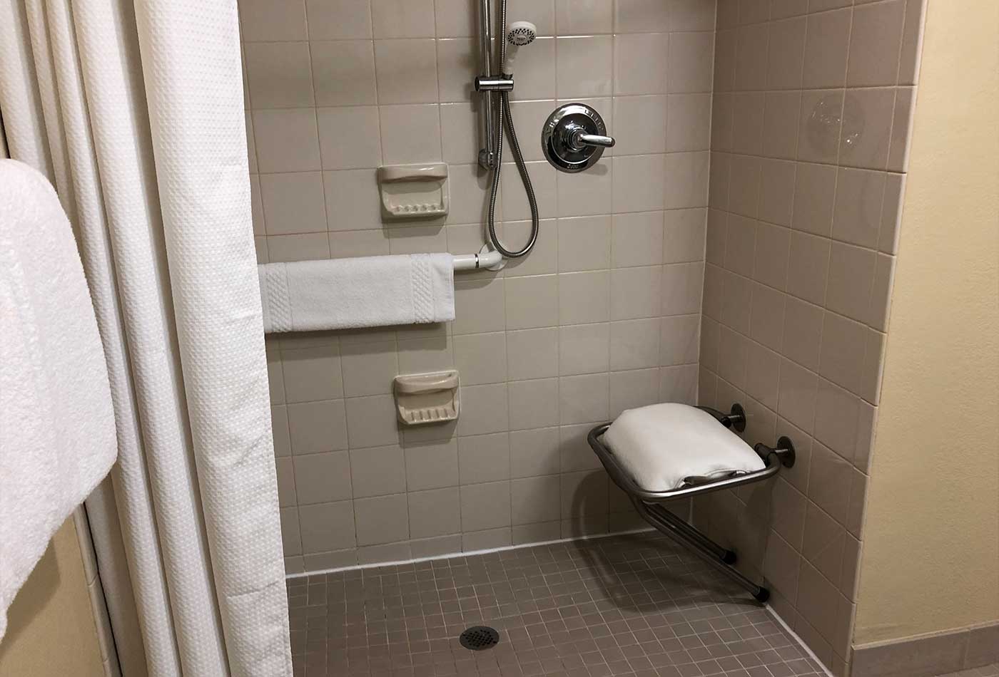 Roll-in shower with built-in seat.