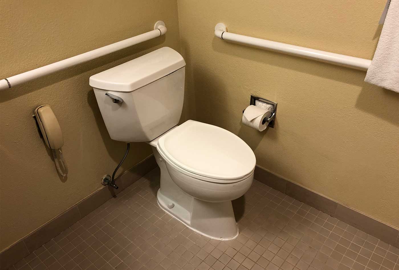 Toilet with grab bars.