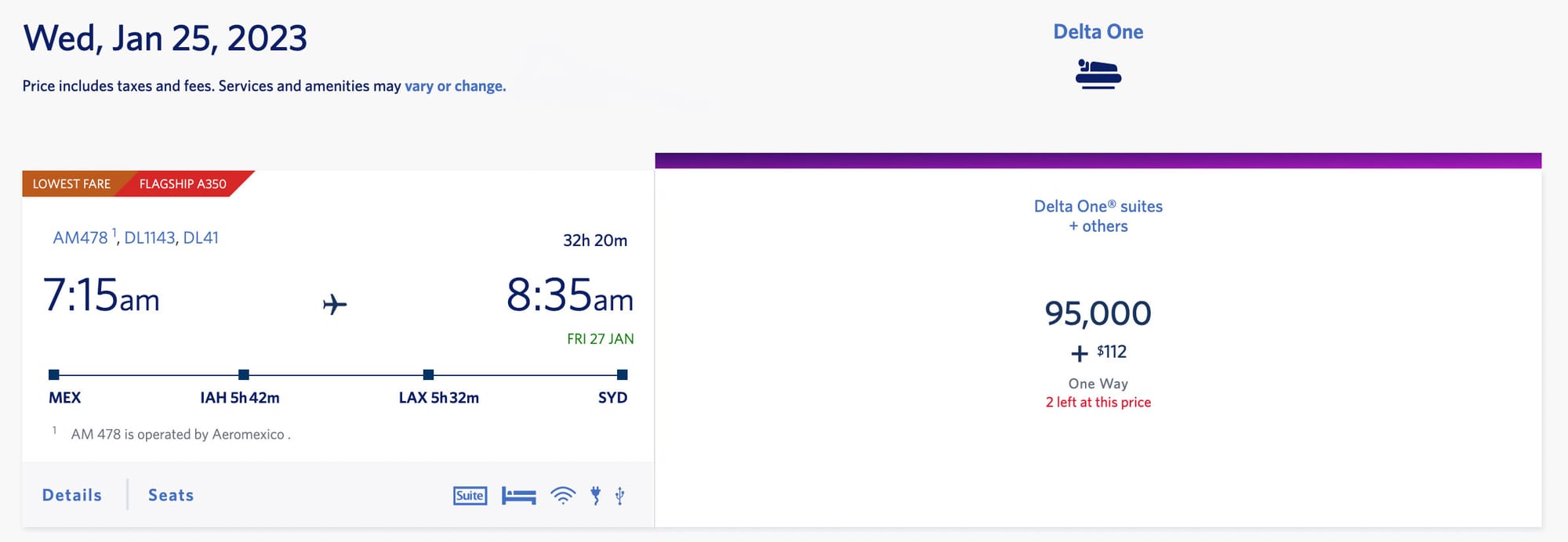 Screenshot of Delta flight itinerary from Mexico City to Sydney.