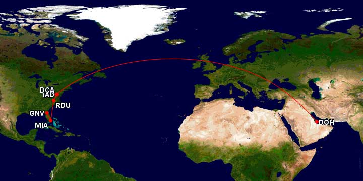 Map of flight route from Doha to Washington Dulles and Washington Reagan to Raleigh to Miami to Gainesville, Florida.