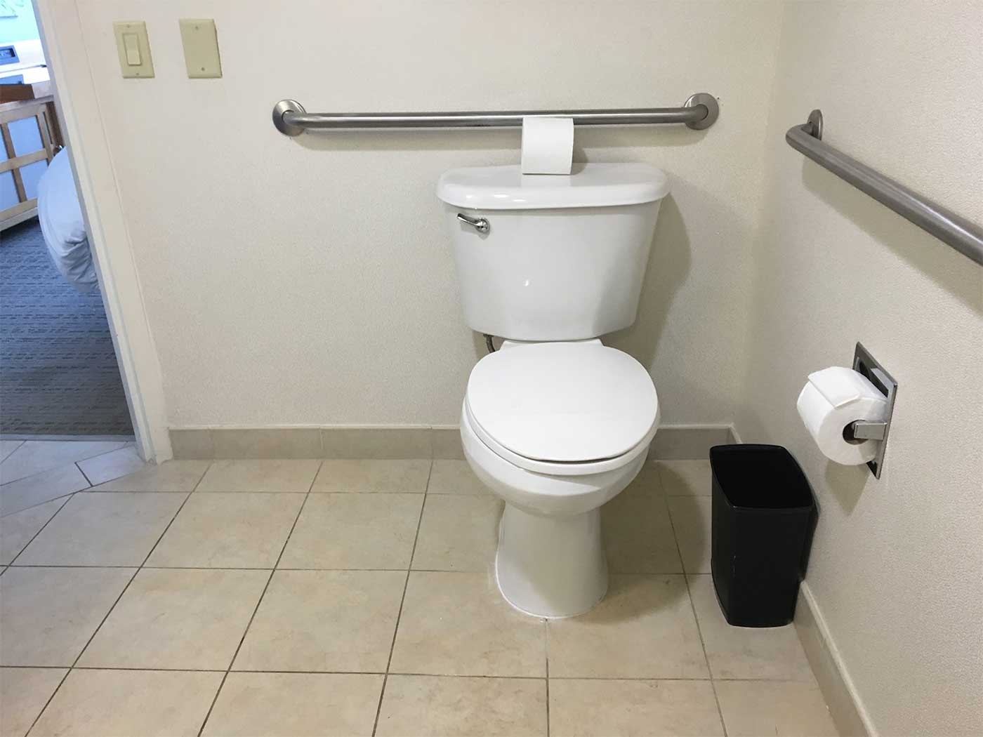 Toilet with grab bars.