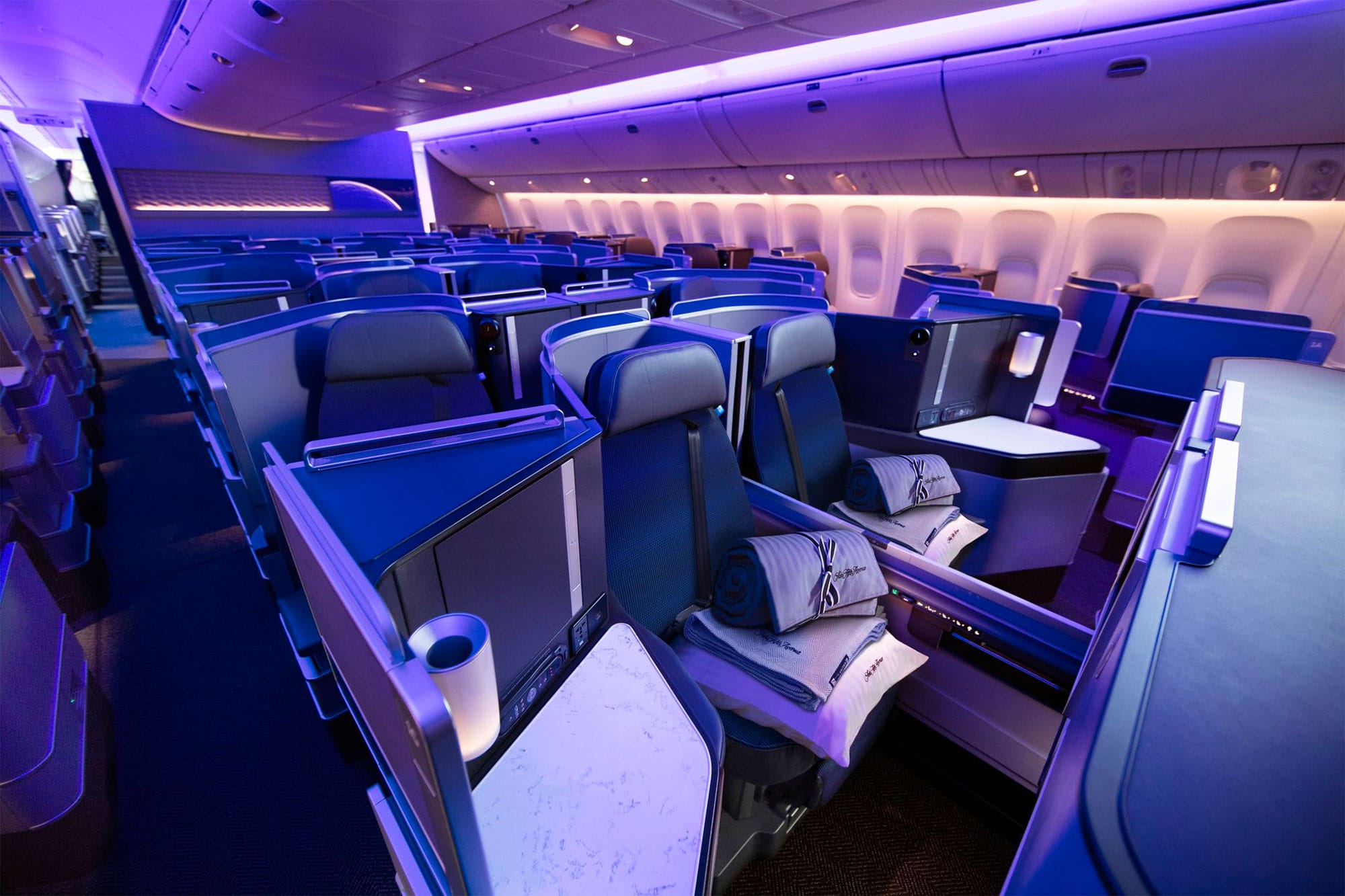 United Airlines Polaris business class cabin.