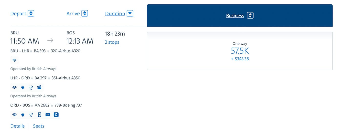 Screenshot of award ticket itinerary and price showing 57,500 miles price.