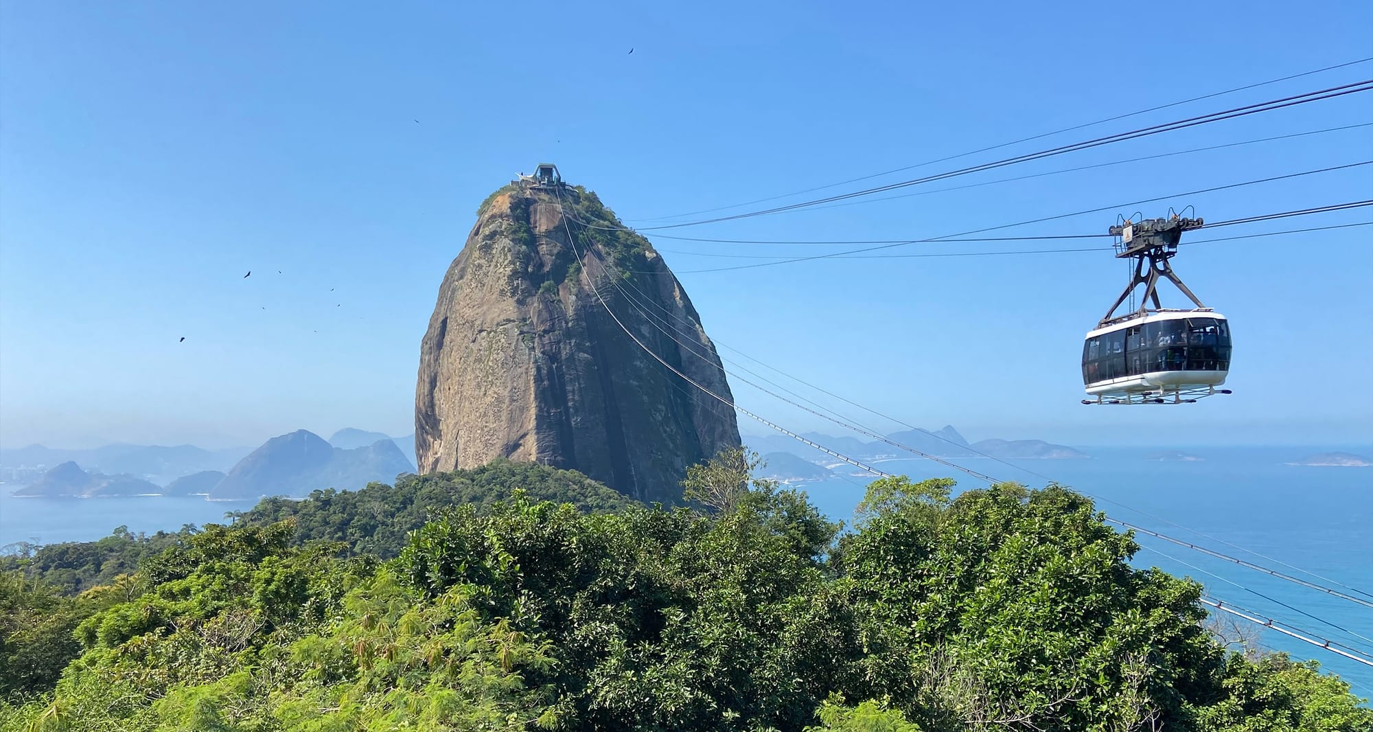 Cable car en route to a tall mountain above dense tree cover, with the ocean in the background.