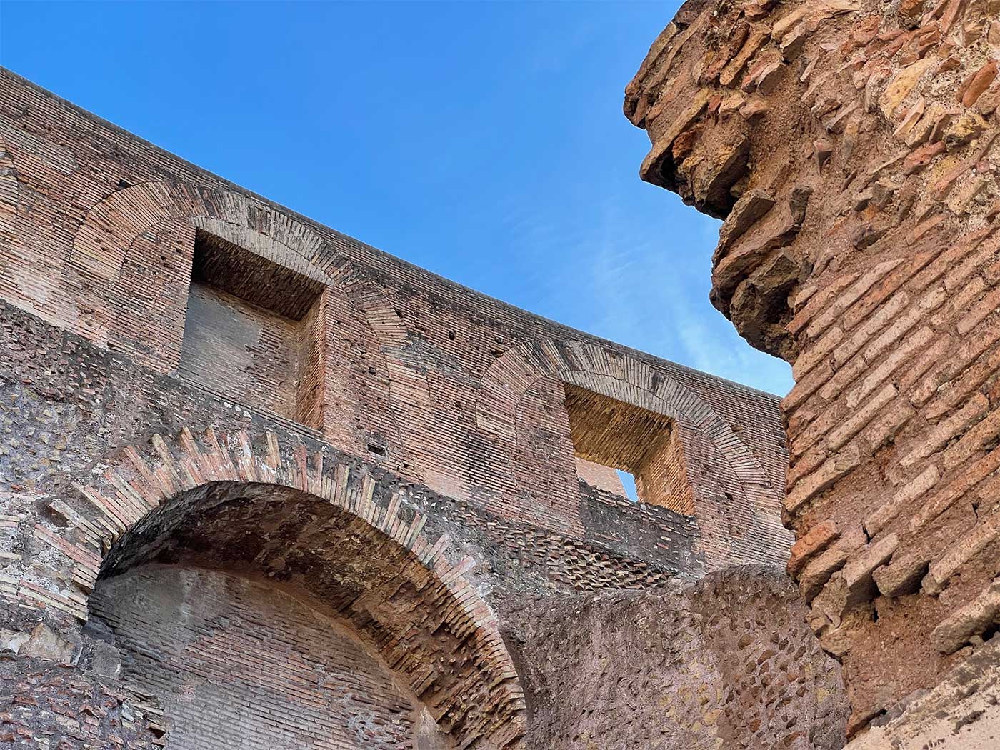 Close-up view of stonework of the upper walls.