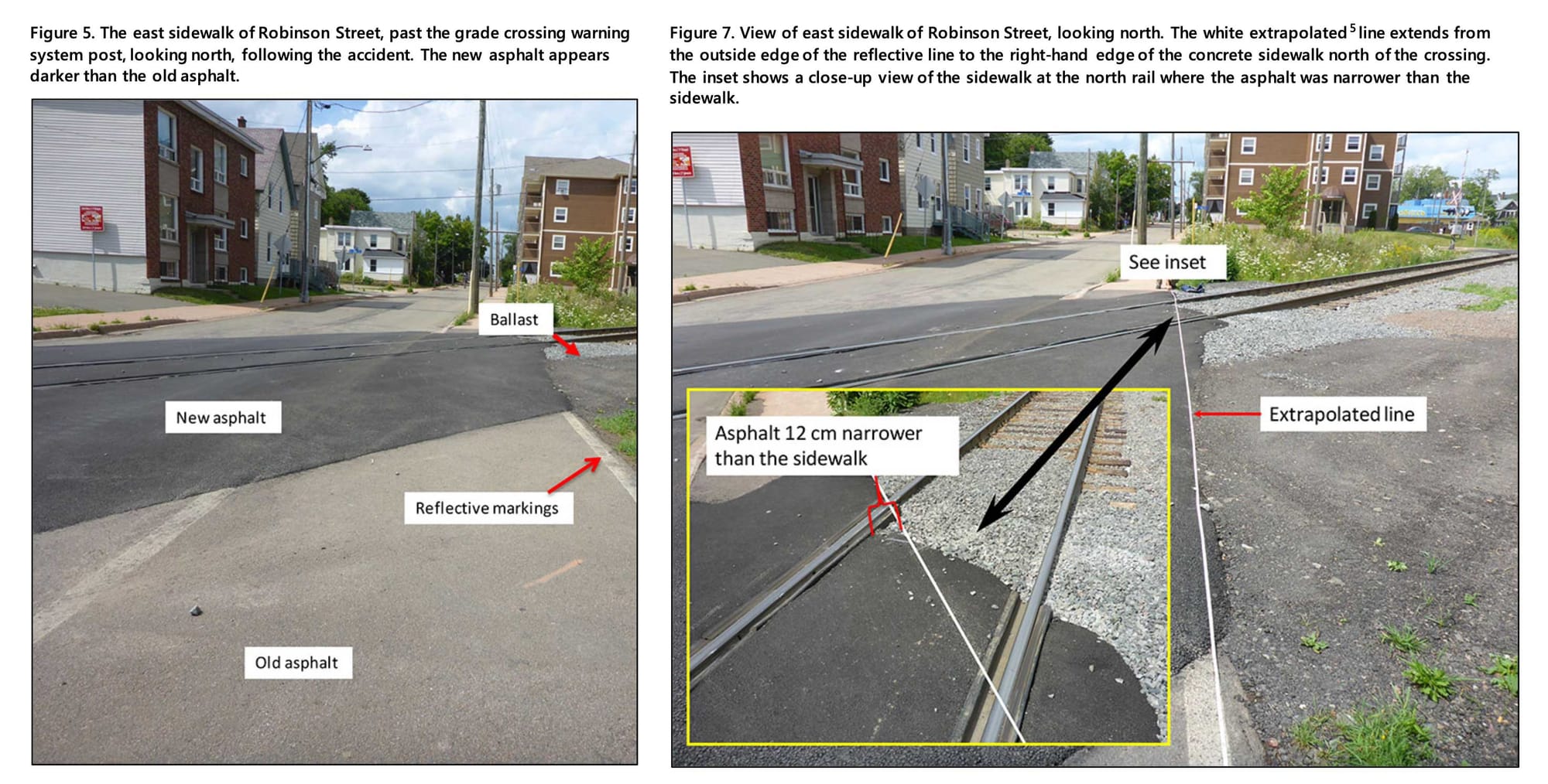 Photo showing work done on railroad crossing and uneven crossing surface post-construction..