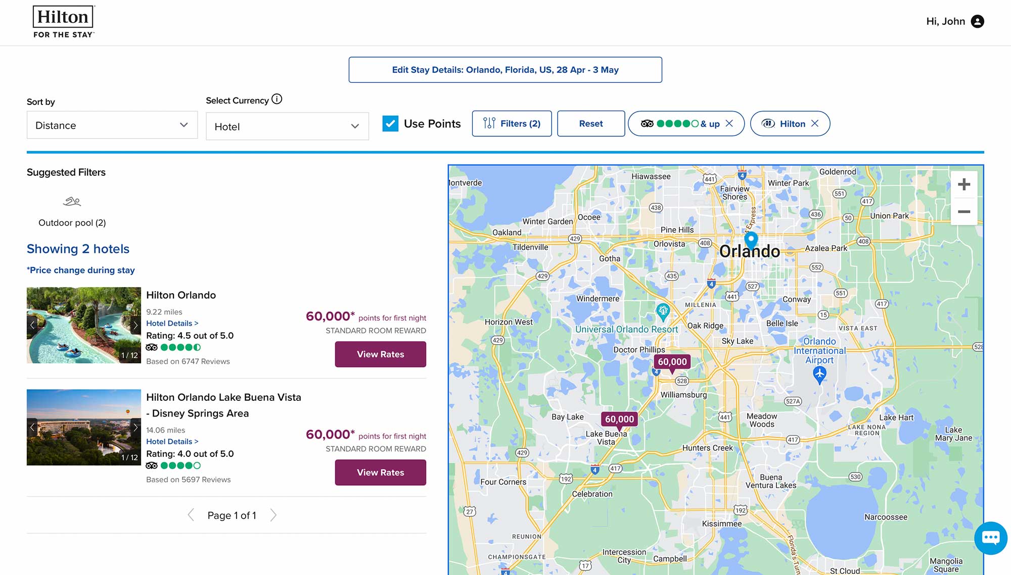 Screenshot of Hilton website with search results for points redemptions in Orlando, Florida.