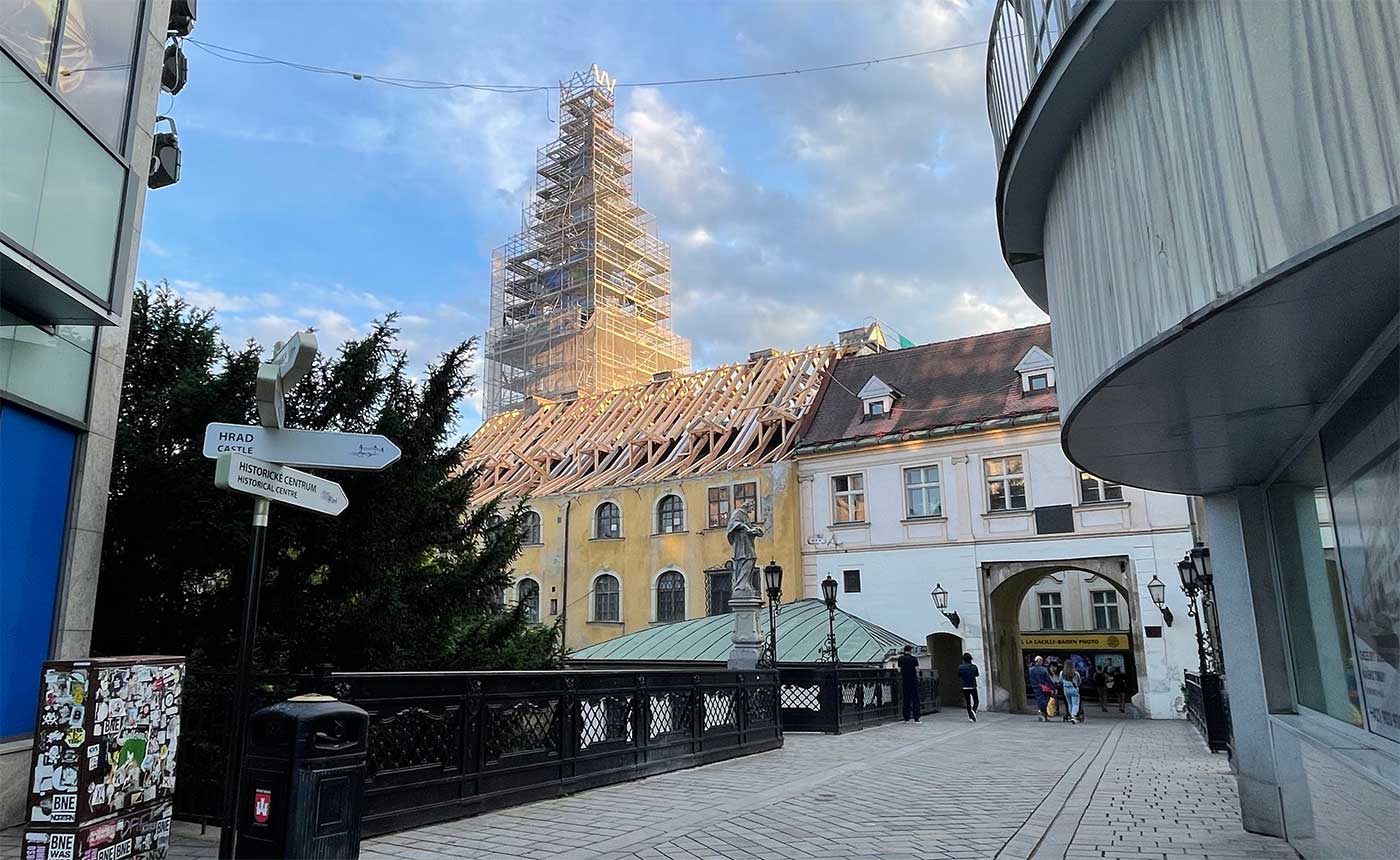 Tower shrouded in scaffolding.