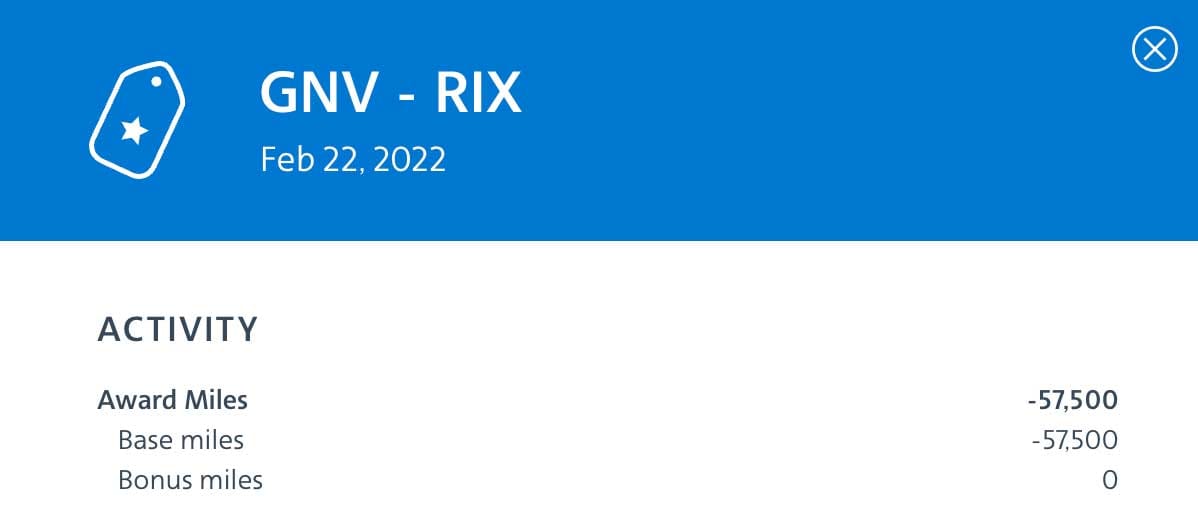 Entry showing Gainesville to Riga ticket purchase at a cost of 57,500 airline miles.