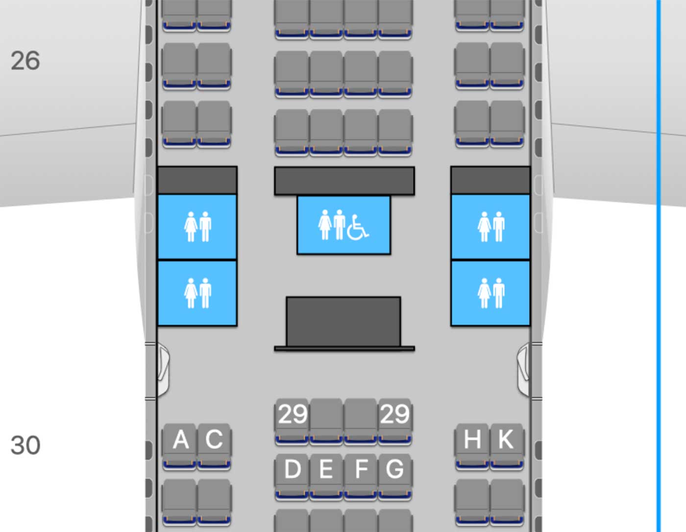 Portion of Lufthansa Airbus A340 seat diagram showing location of accessible lavatory.