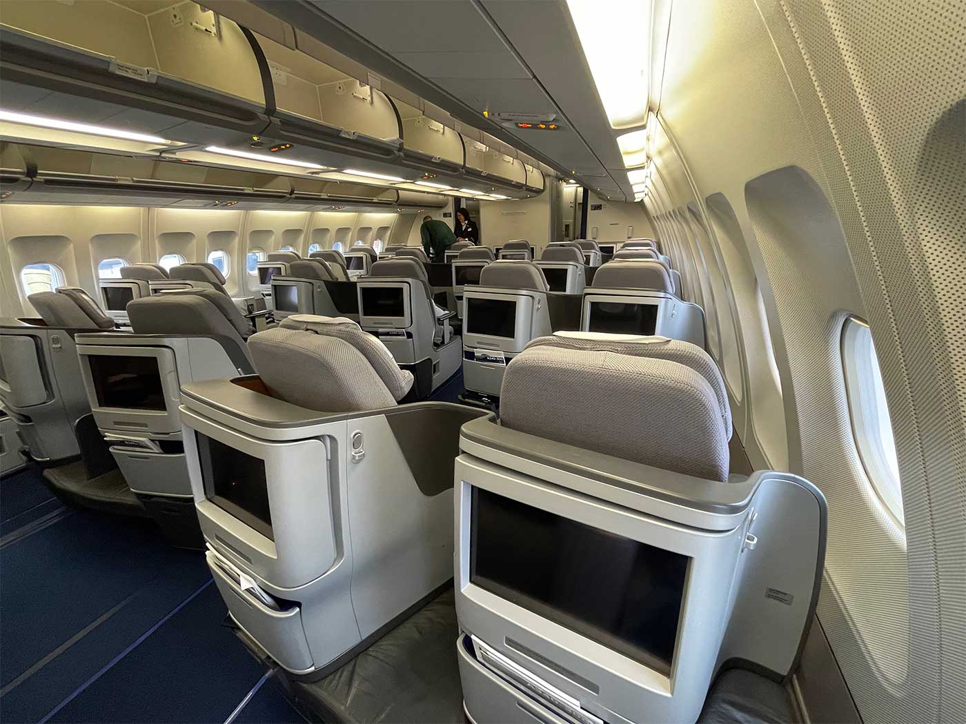 Business class cabin on Finnair Airbus A340.