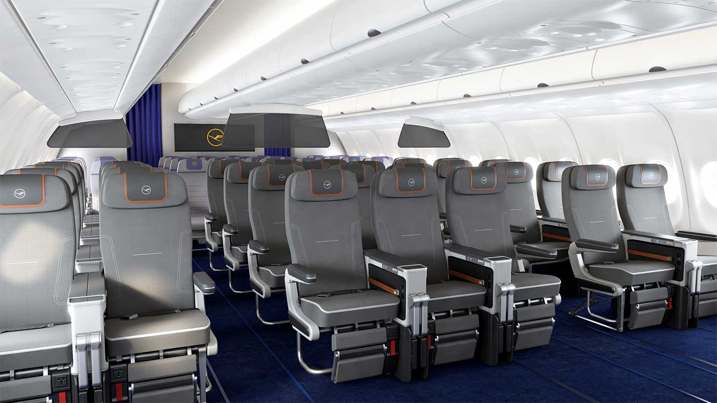 Premium Economy and Economy Class seats on Lufthansa Airbus A340.