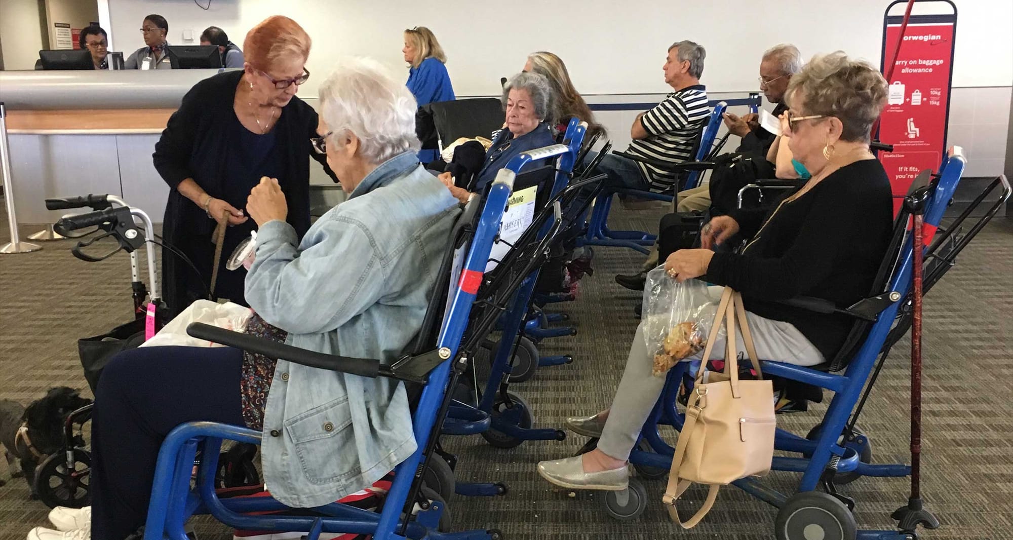 Older passengers seated in wheelchairs at airport gate.