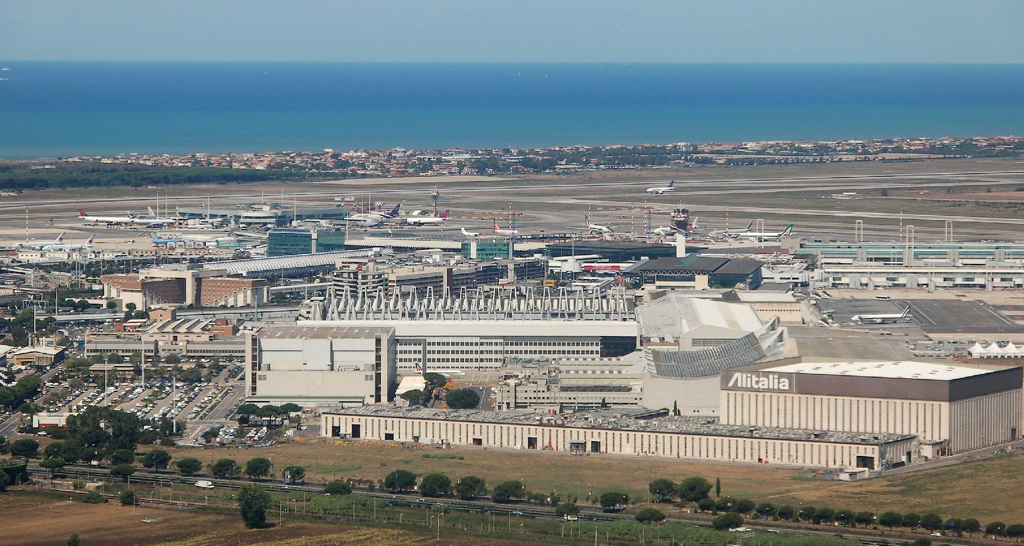 Exterior of wheelchair accessible Rome Fiumicino Airport terminal.