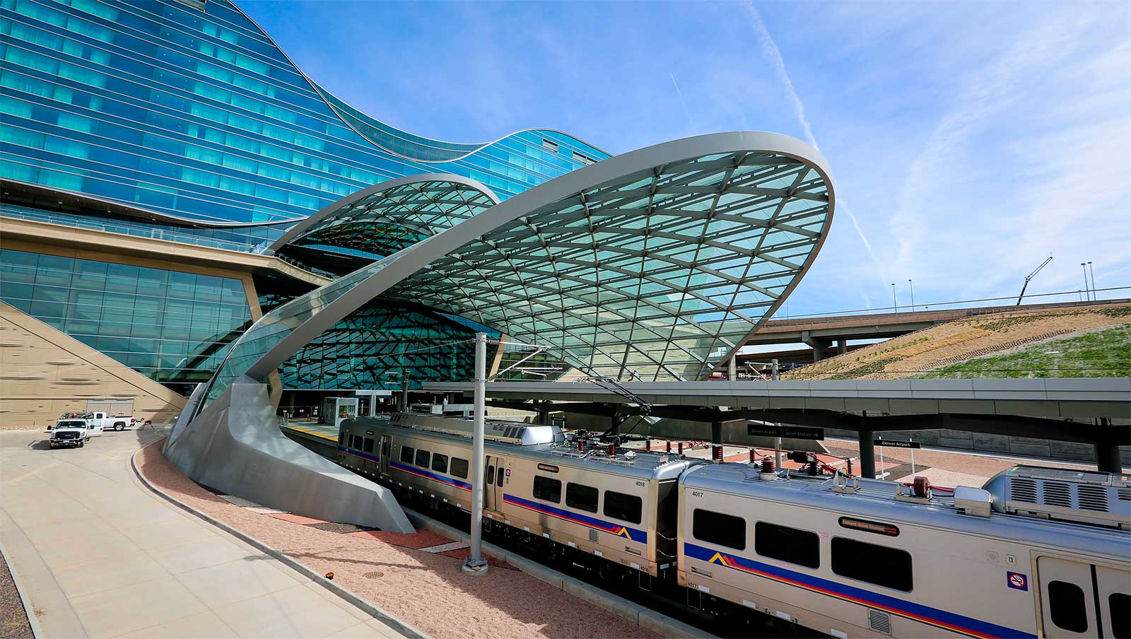 Train parked at Denver Airport Station.