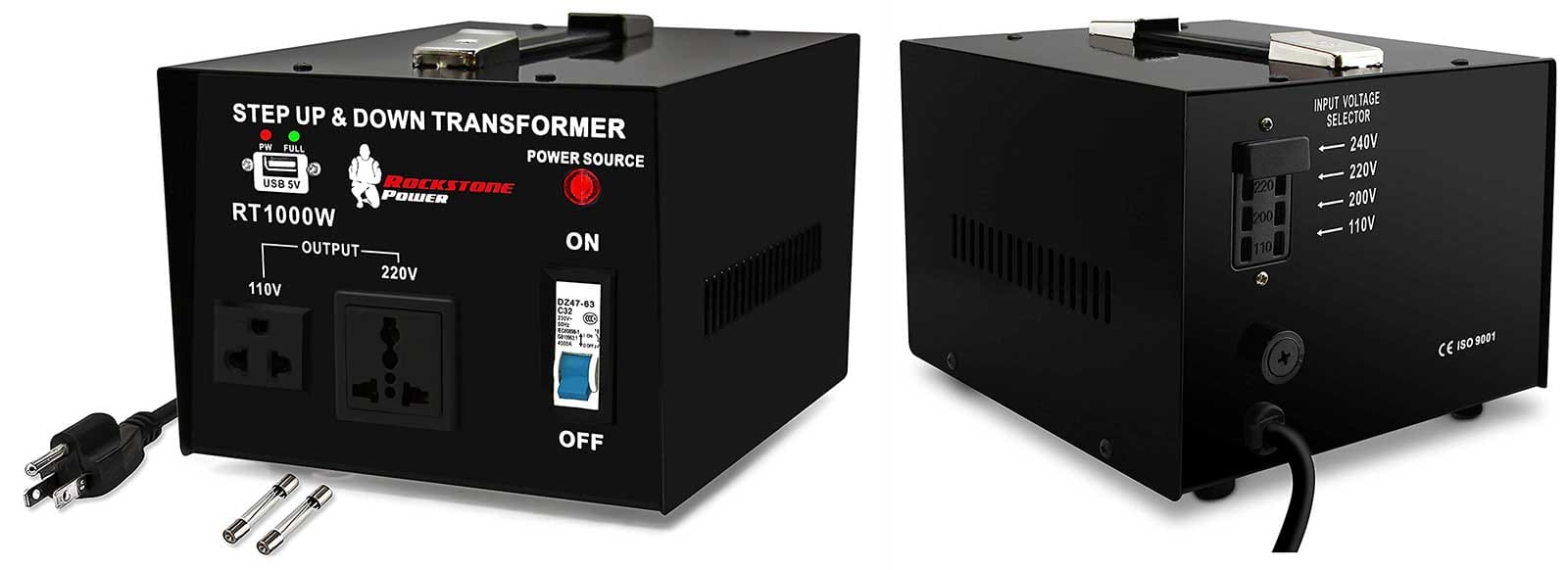 Power transformer device, pictured front and back.