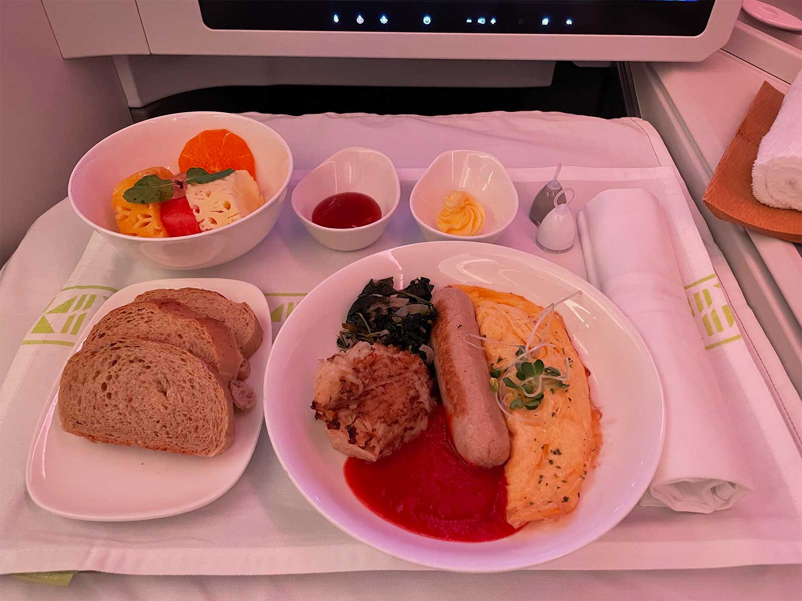 Breakfast meal served on a meal tray.