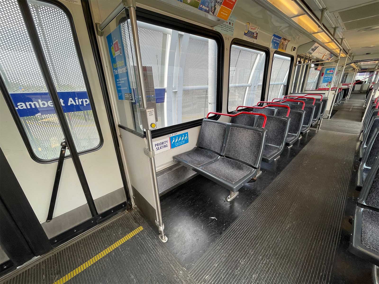 Interior of Metro Link train at St. Louis Airport Station.