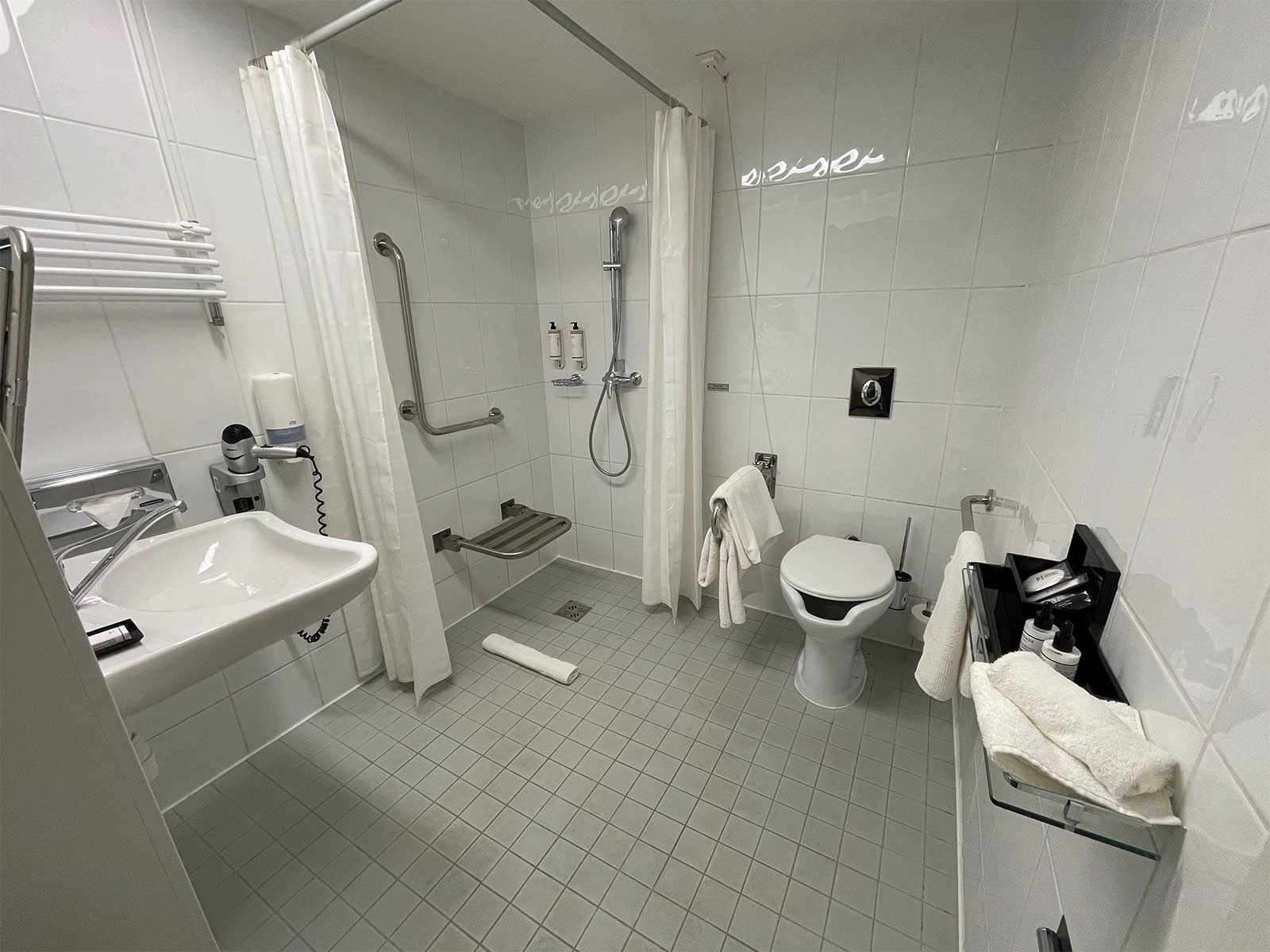 Bathroom with roll-in shower, toilet with grab bars and roll under sink.