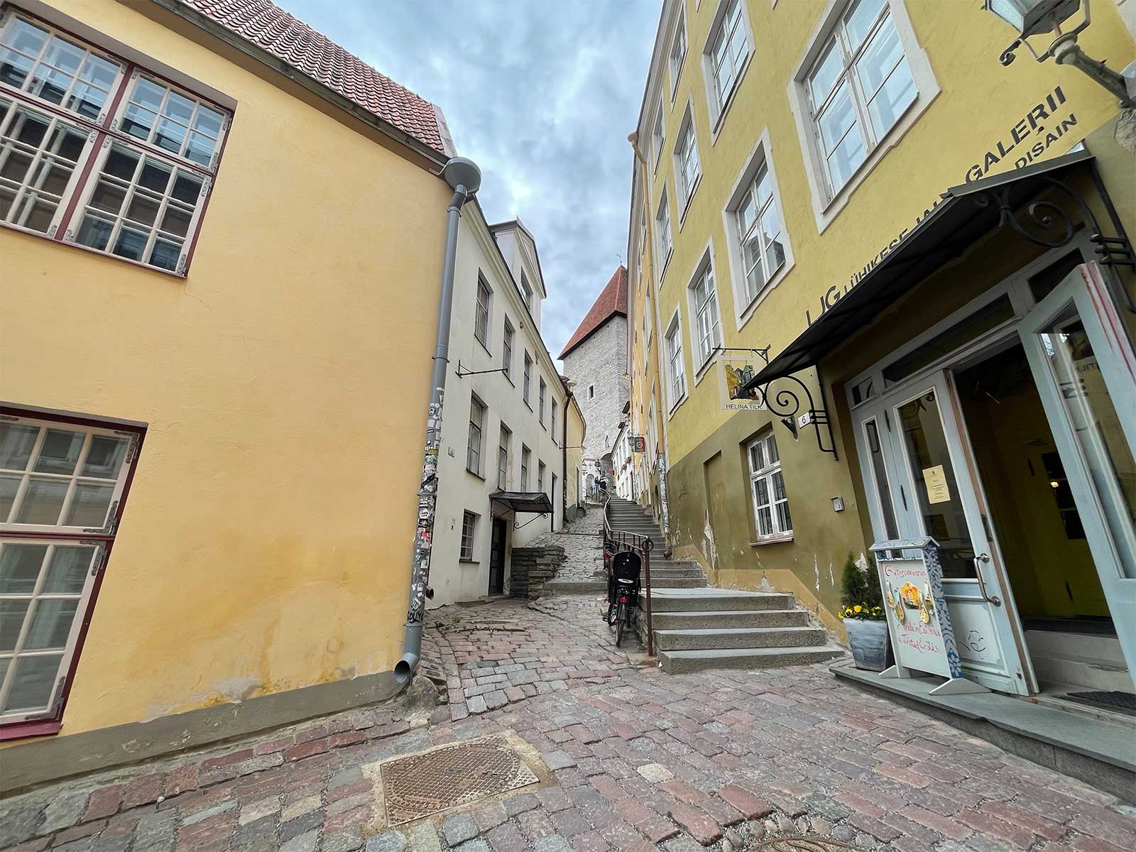 Sidewalk that leads to a staircase up a hill.