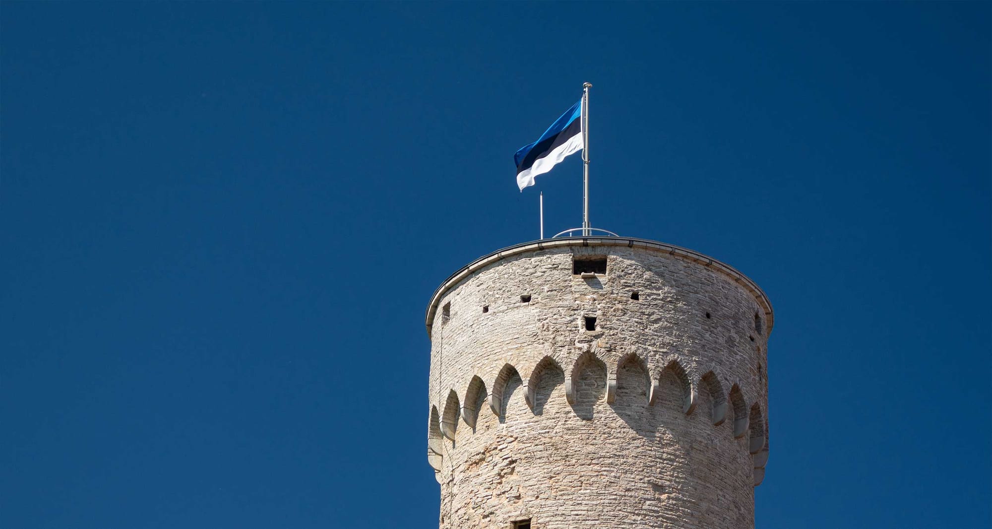 Estonian flag flying above a stone tower.