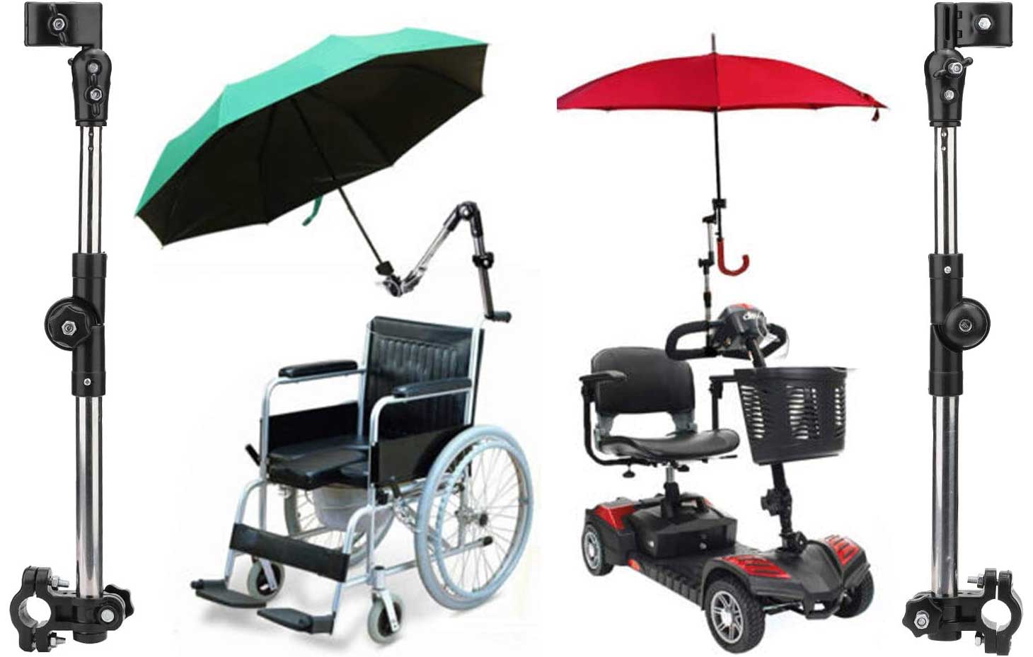 Clamp to attach umbrella to wheelchair or scooter.