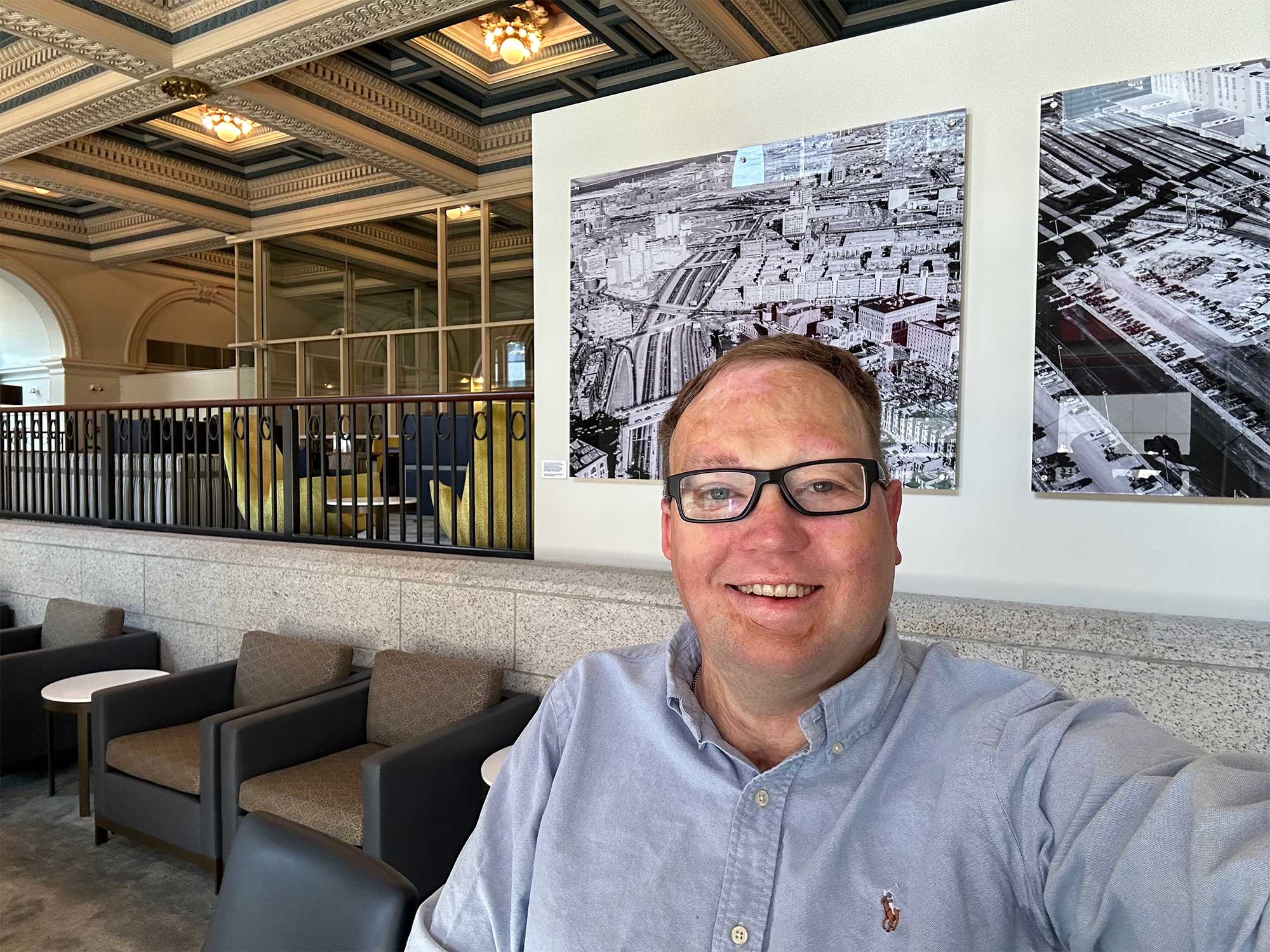 Selfie of John in the Amtrak lounge.