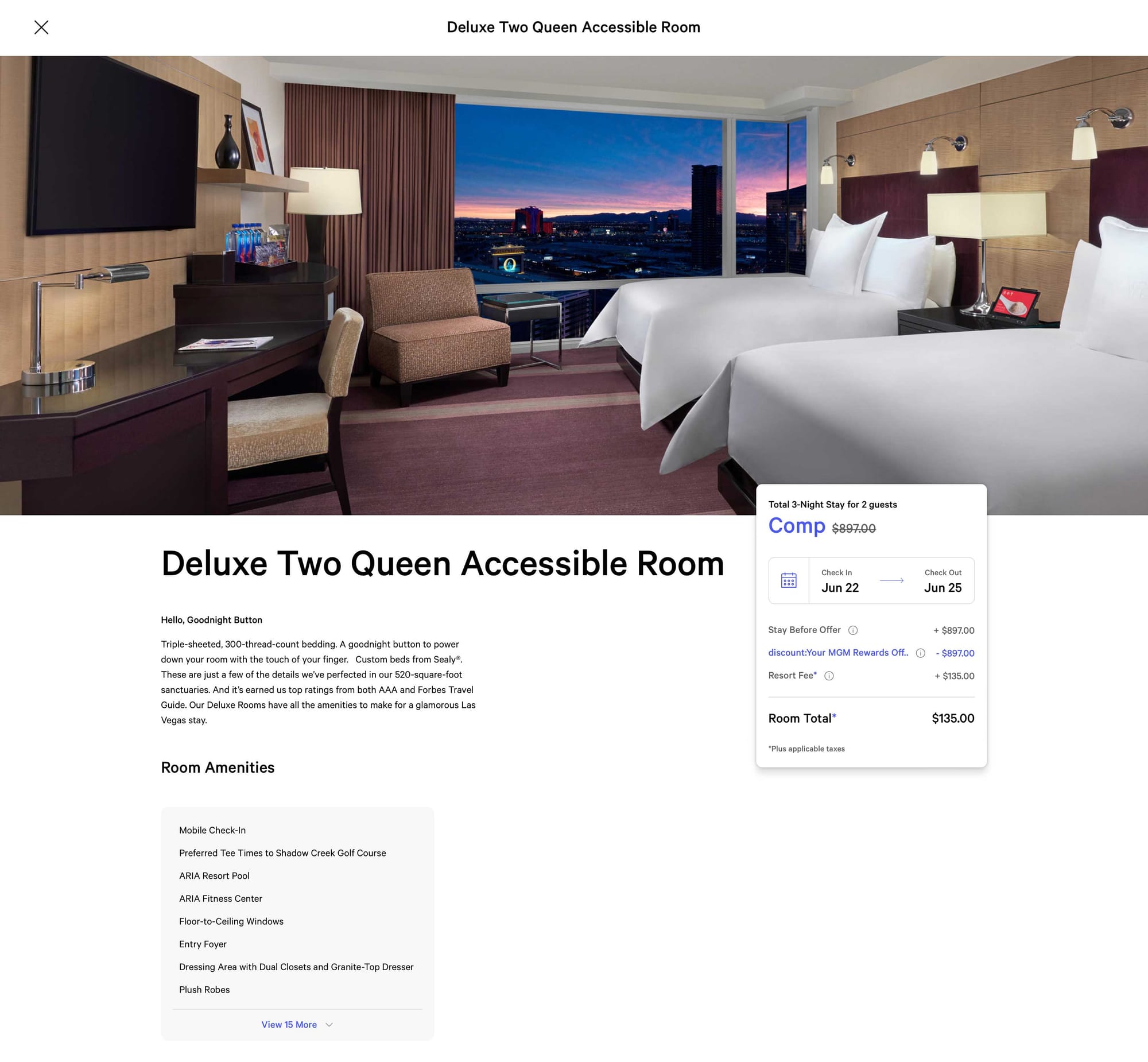 ARIA Resort and Casino website, showing nightly room rates.