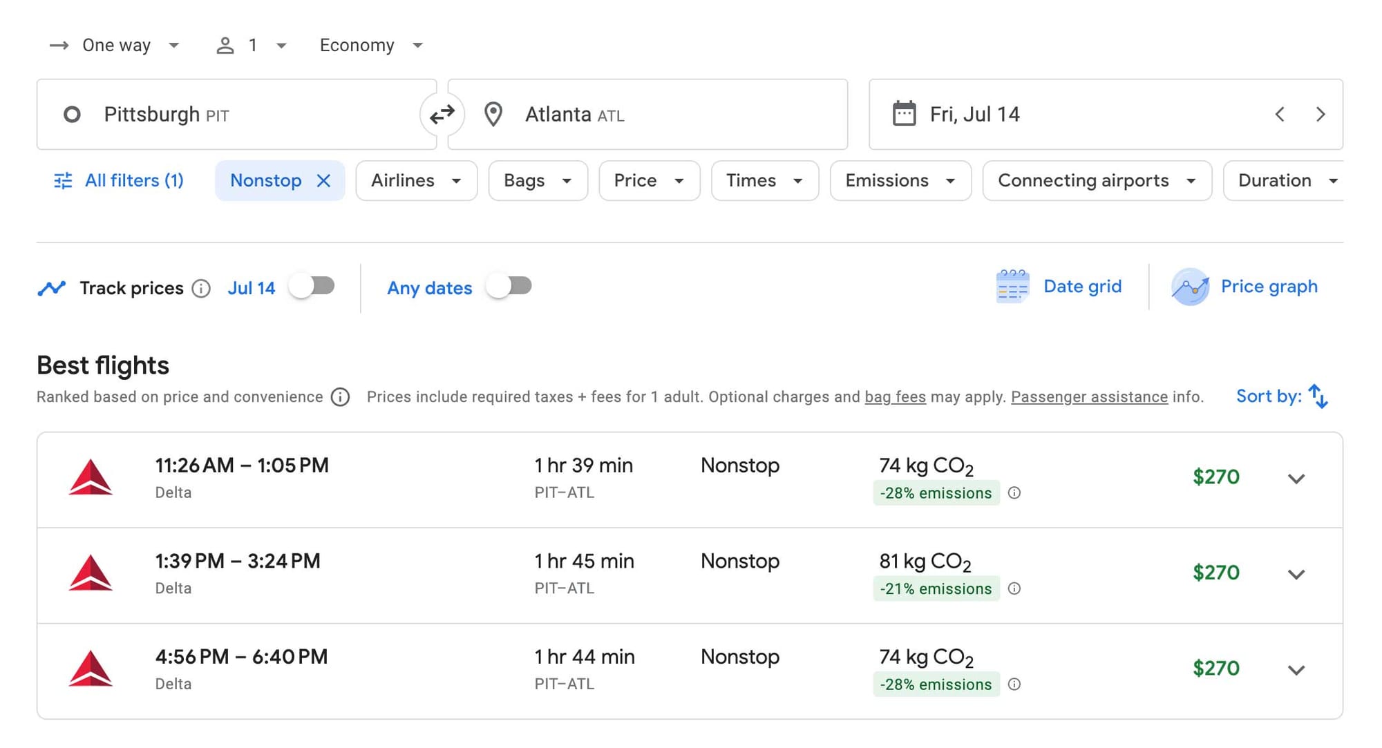 Screenshot of airfares for nonstop flights from Pittsburgh to Atlanta.