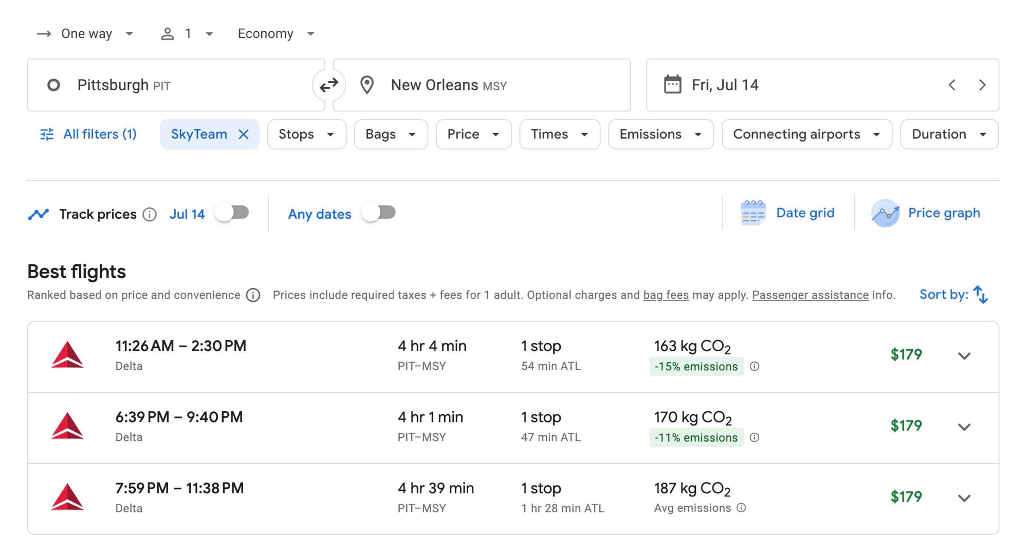 Screenshot of airfares for flights from Pittsburgh to New Orleans with a connection in Atlanta.