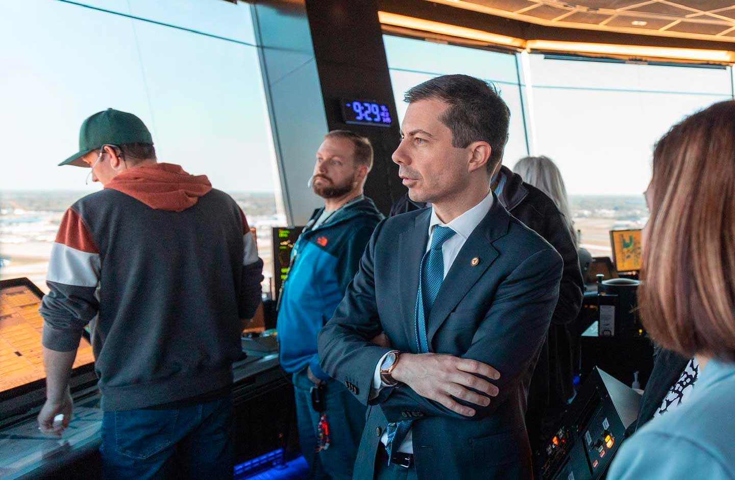 Secretary Pete in the control tower at airport.